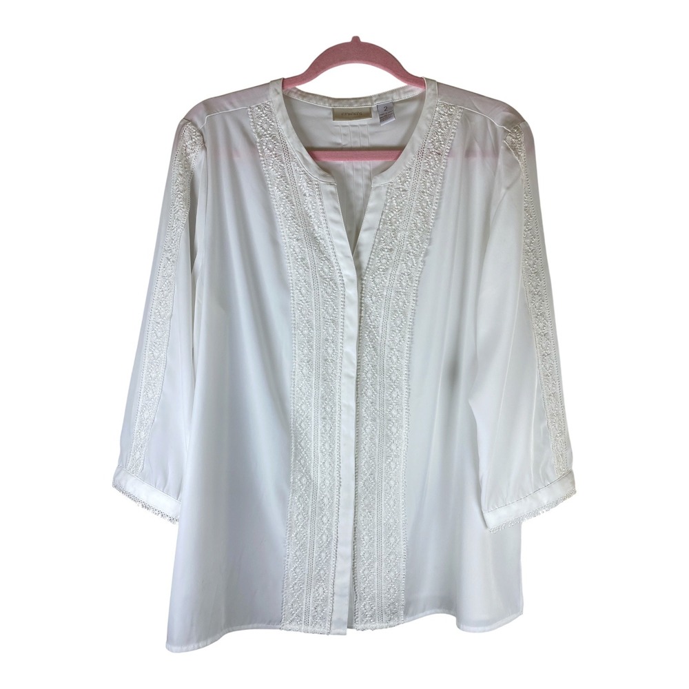 Chico's Blouse Women Size L White Lace Trim 3/4 Sleeve Split Neck Top Romantic